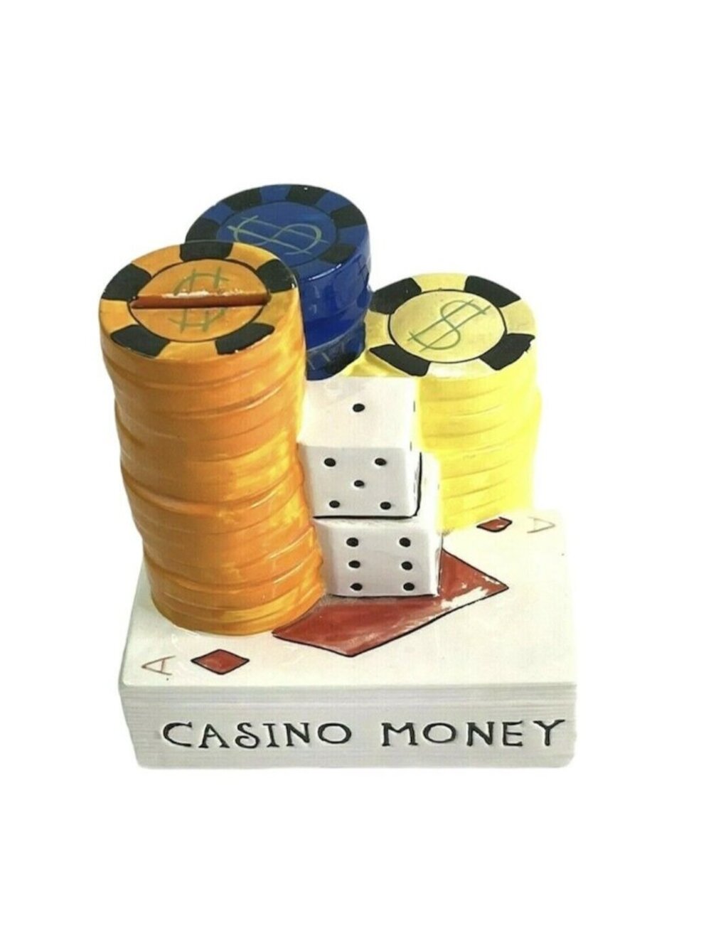 Vintage Ceramic Casino Money Bank Dice Playing Card Poker Chips Goods Gallery 5"